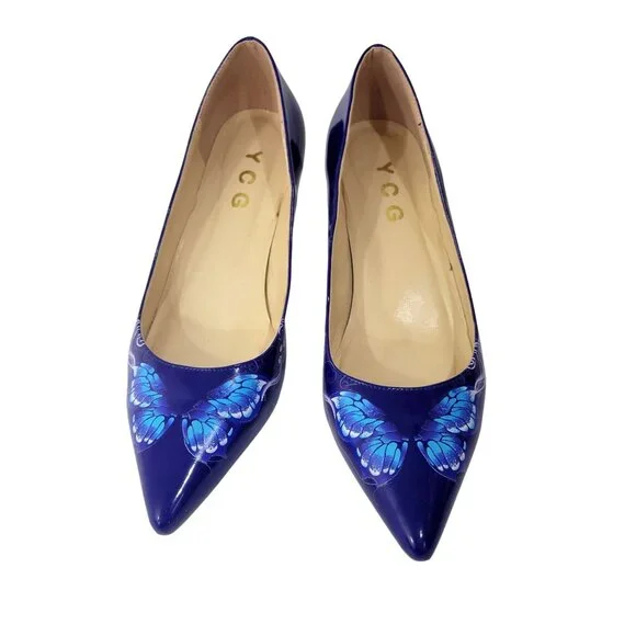 YCG Blue Patent Leather Butterfly Pumps High Heels - Picture 1 of 7